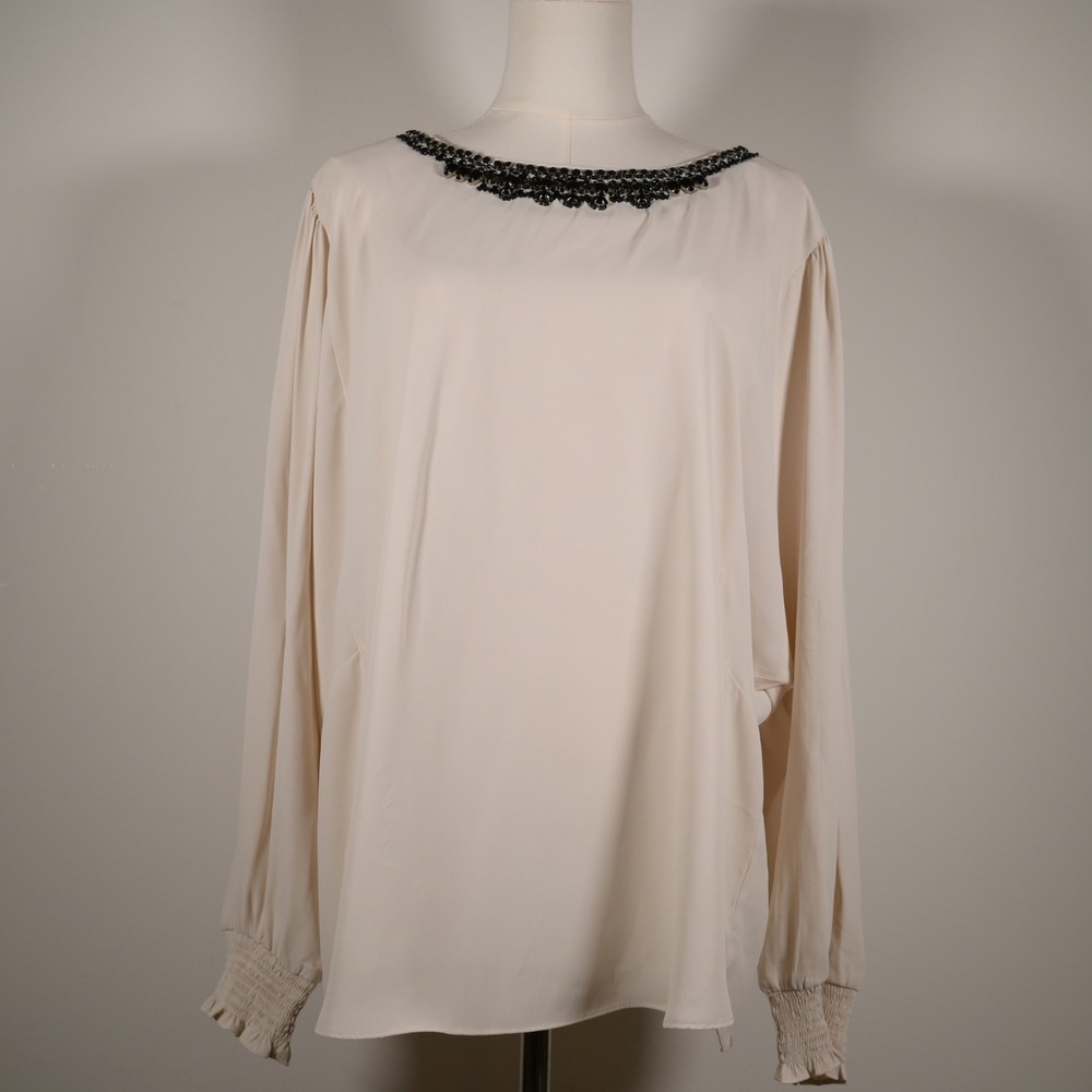 Chicos Cream Beige Embellished Neckline Blouse Smocked Cuff Top Size 3 US 16